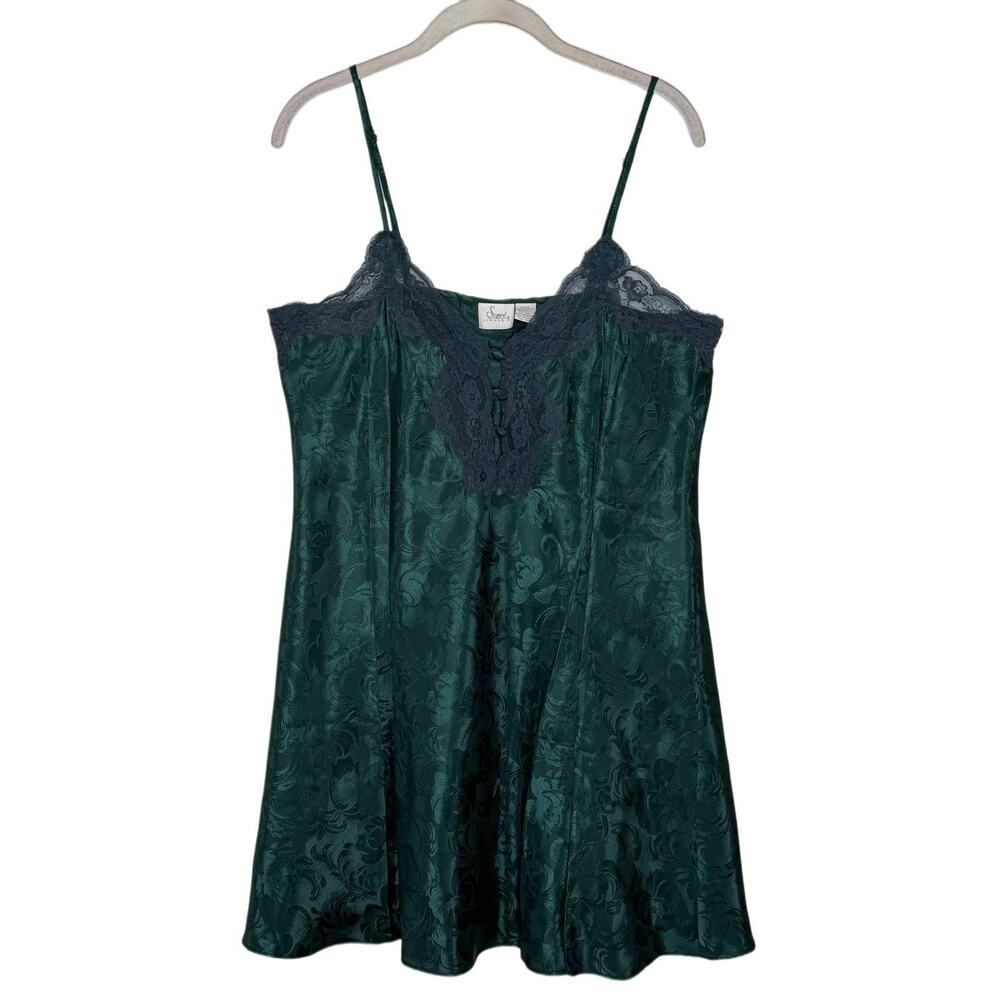 Sopré Lingerie Vintage Womens Large Green Satin Paisley Jacquard Chemise Slip